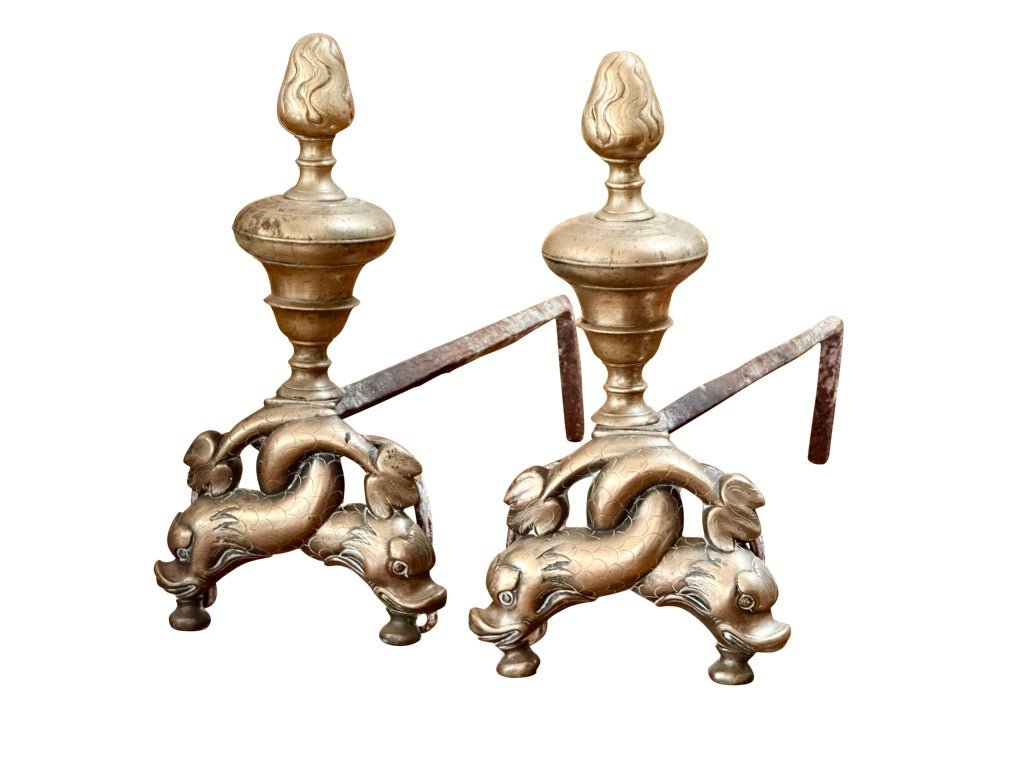 Pair of French Bronze chenets “Aux Dauphins” c. 1780, dolphin form andirons - Helen Storey Antiques