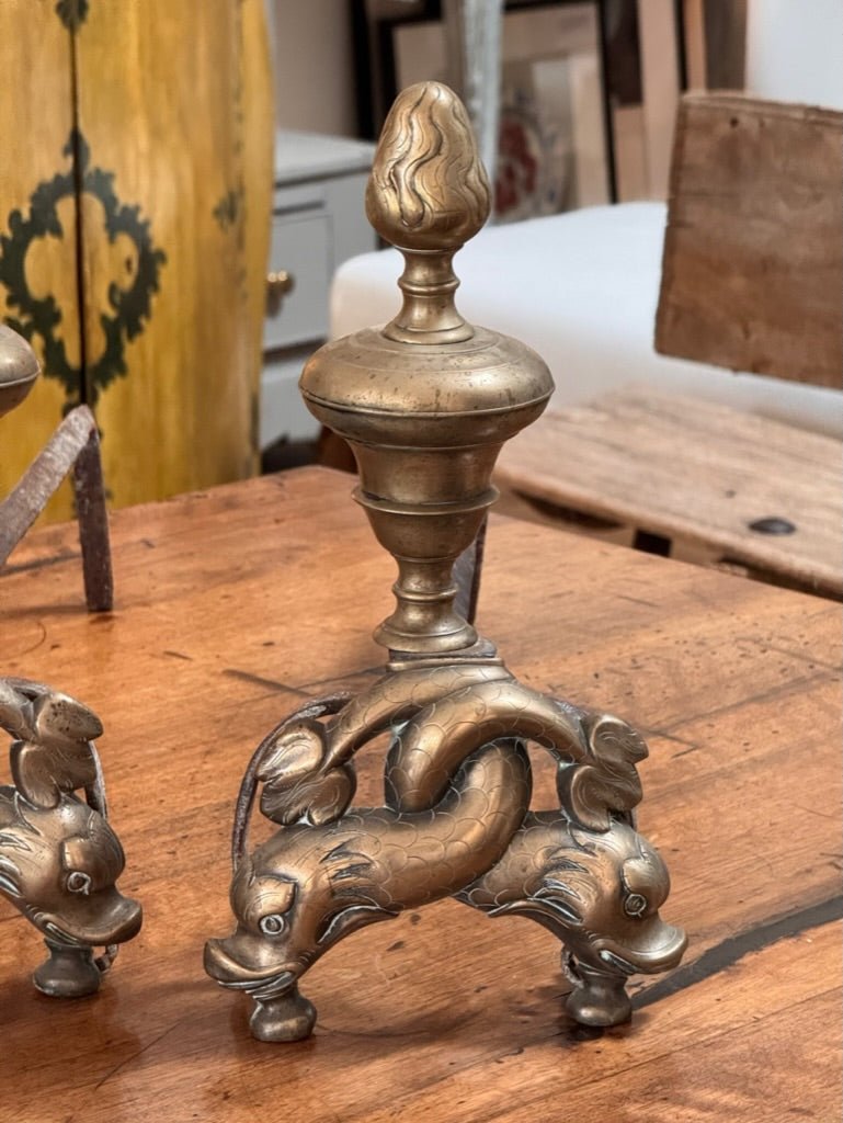 Pair of French Bronze chenets “Aux Dauphins” c. 1780, dolphin form andirons - Helen Storey Antiques