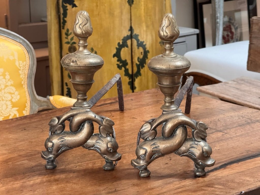 Pair of French Bronze chenets “Aux Dauphins” c. 1780, dolphin form andirons - Helen Storey Antiques