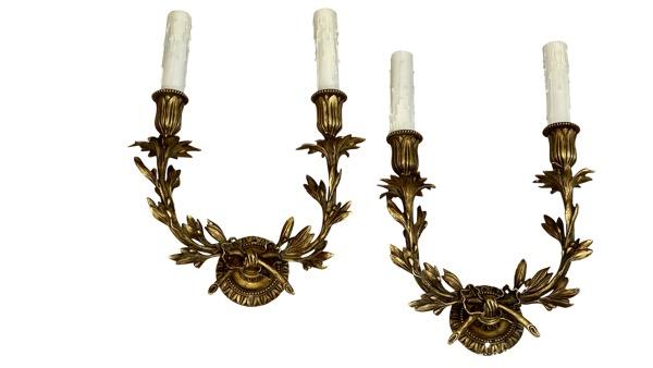 PAIR OF FRENCH GILT BRONZE DOUBLE SCONCES - Helen Storey Antiques