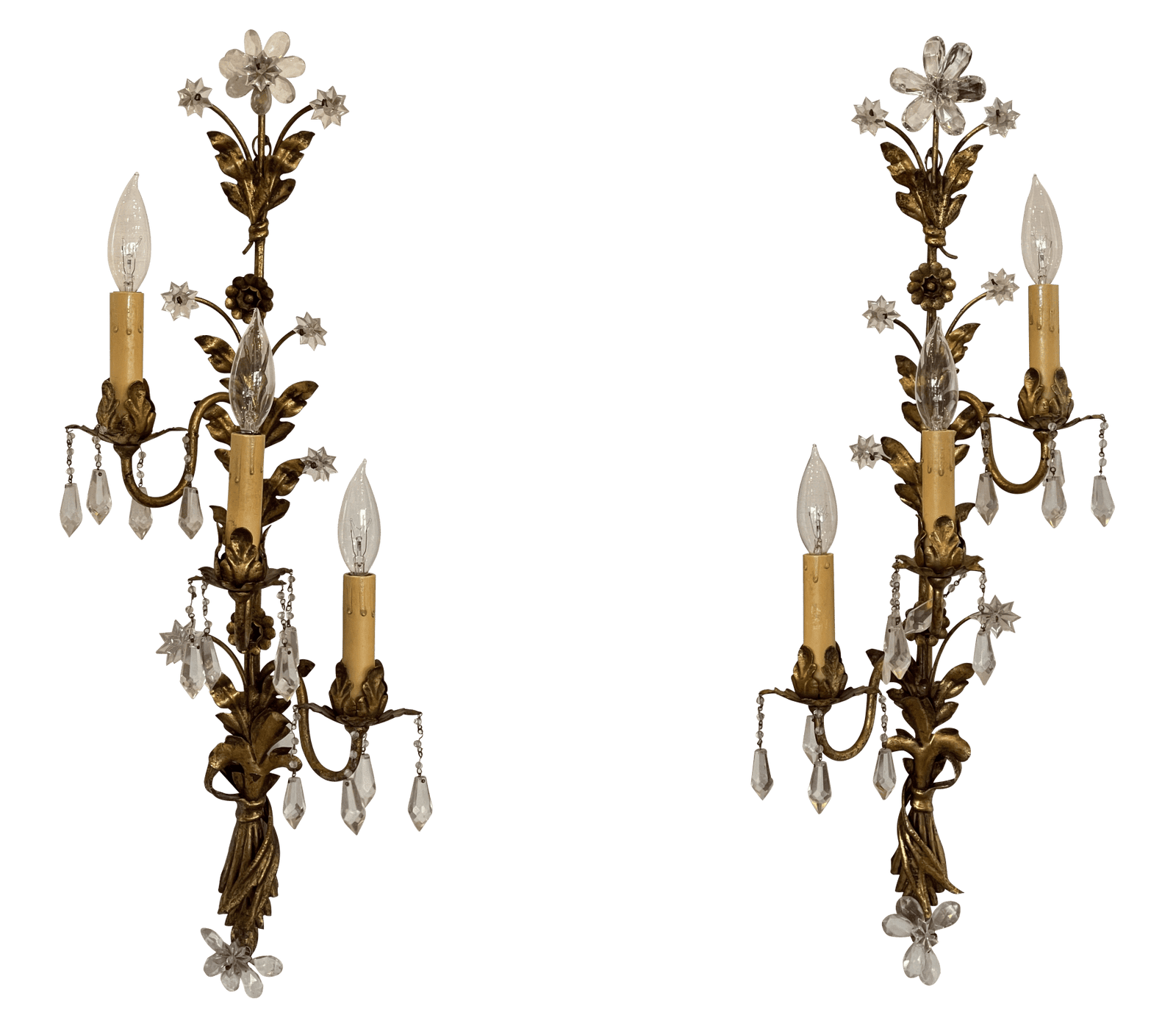 Pair of French gilt tole wall sconces, electrified