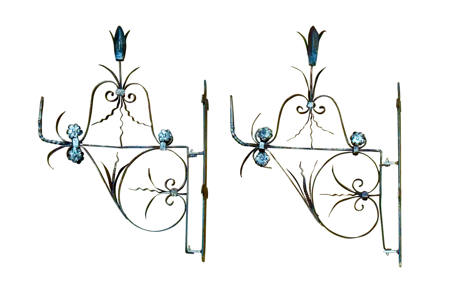 Pair of French hand-forged wrought iron wall brackets,  17th-18th century