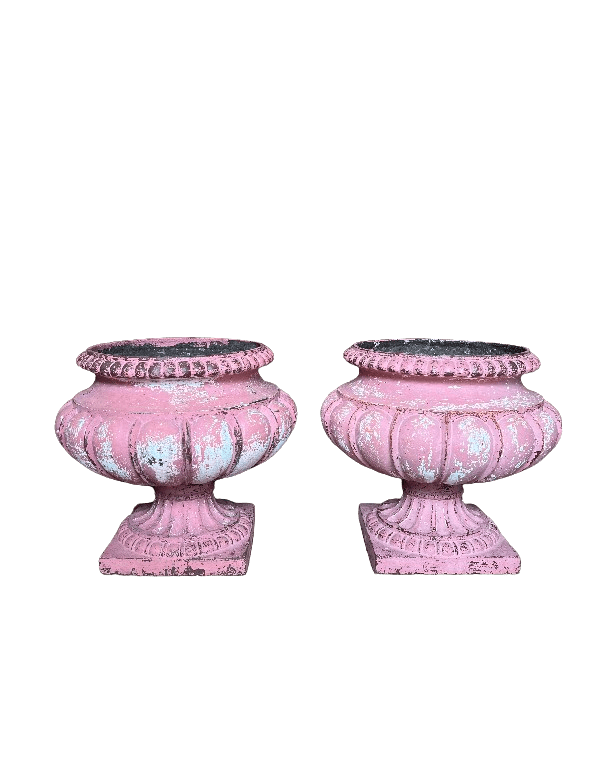 Pair of French Pink iron garden urns,