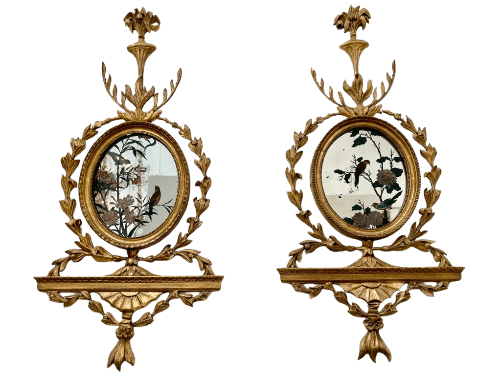 Pair of George III girandole mirrors with eglomise birds - sconces