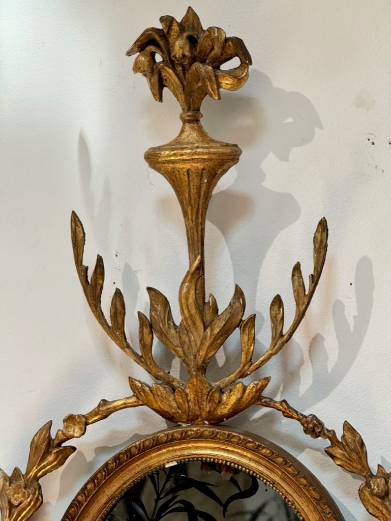 Pair of George III girandole mirrors with eglomise birds - sconces - Helen Storey Antiques