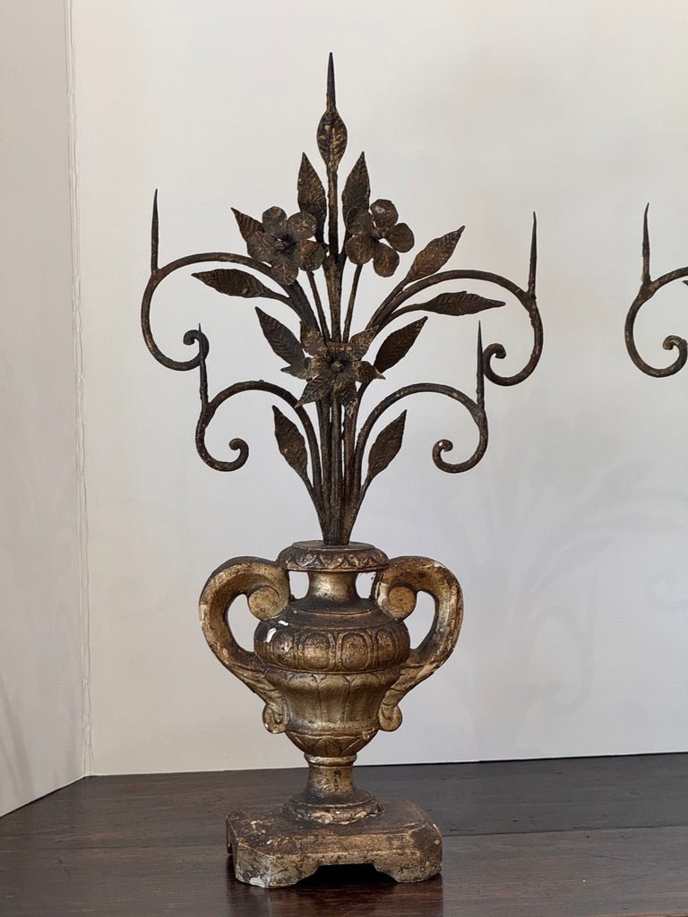Pair of giltwood and iron pricket candelabras, Italy, 18th Century - Helen Storey Antiques