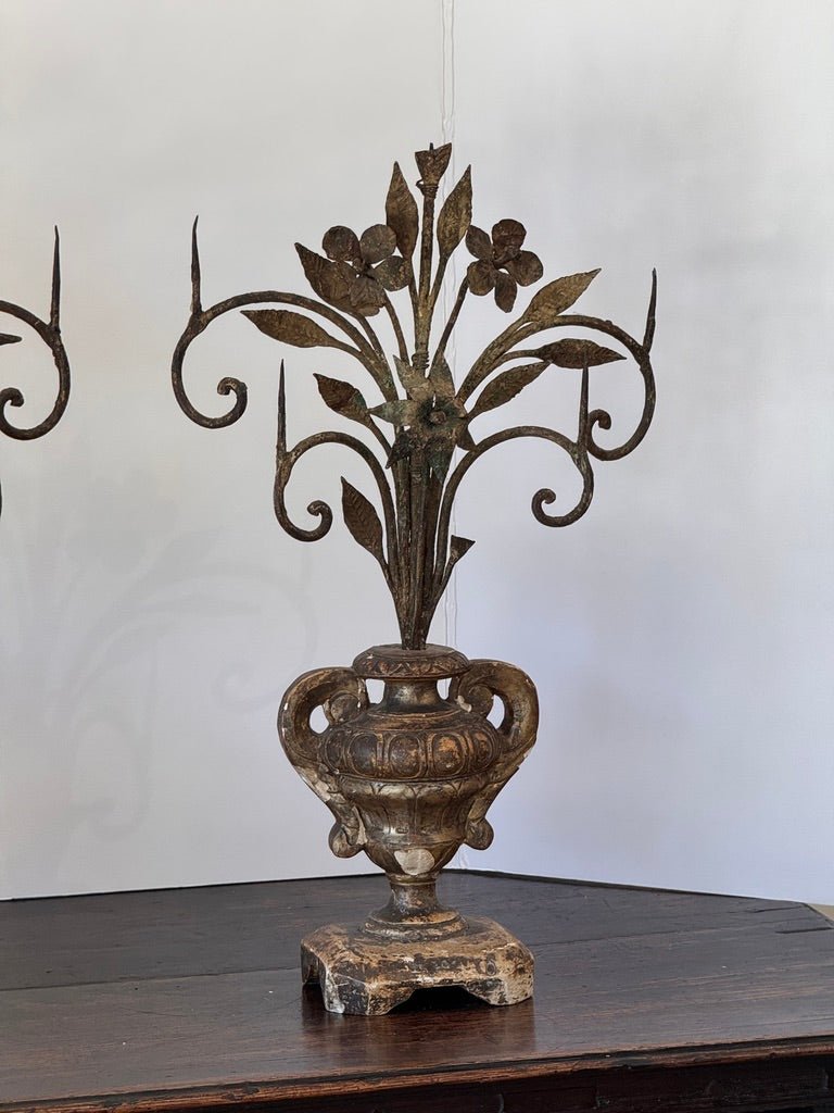 Pair of giltwood and iron pricket candelabras, Italy, 18th Century - Helen Storey Antiques
