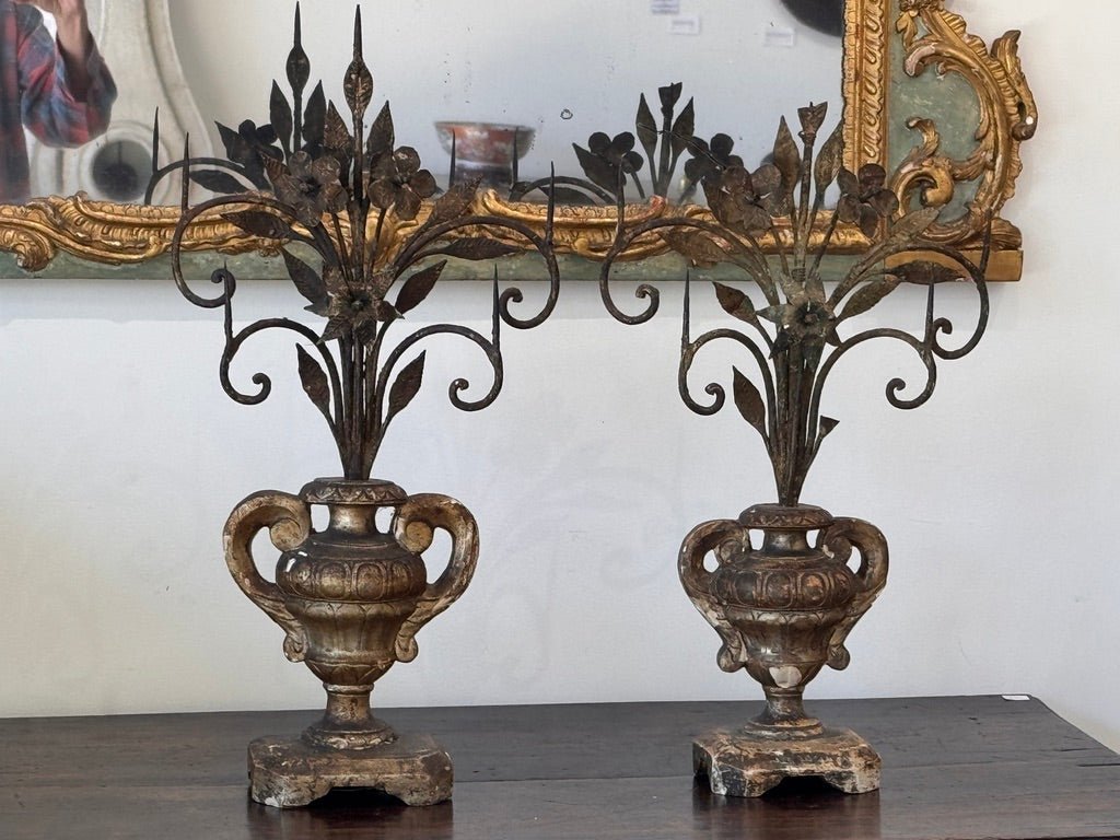Pair of giltwood and iron pricket candelabras, Italy, 18th Century - Helen Storey Antiques
