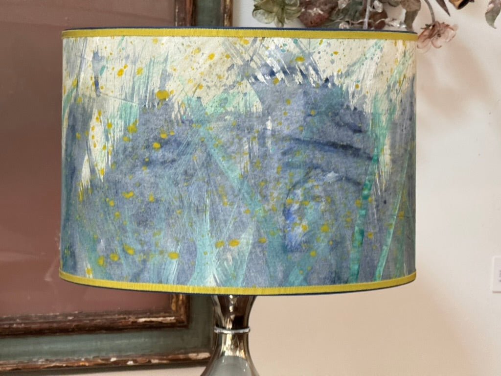 Pair of hand - painted parchment drum lampshades - Helen Storey Antiques