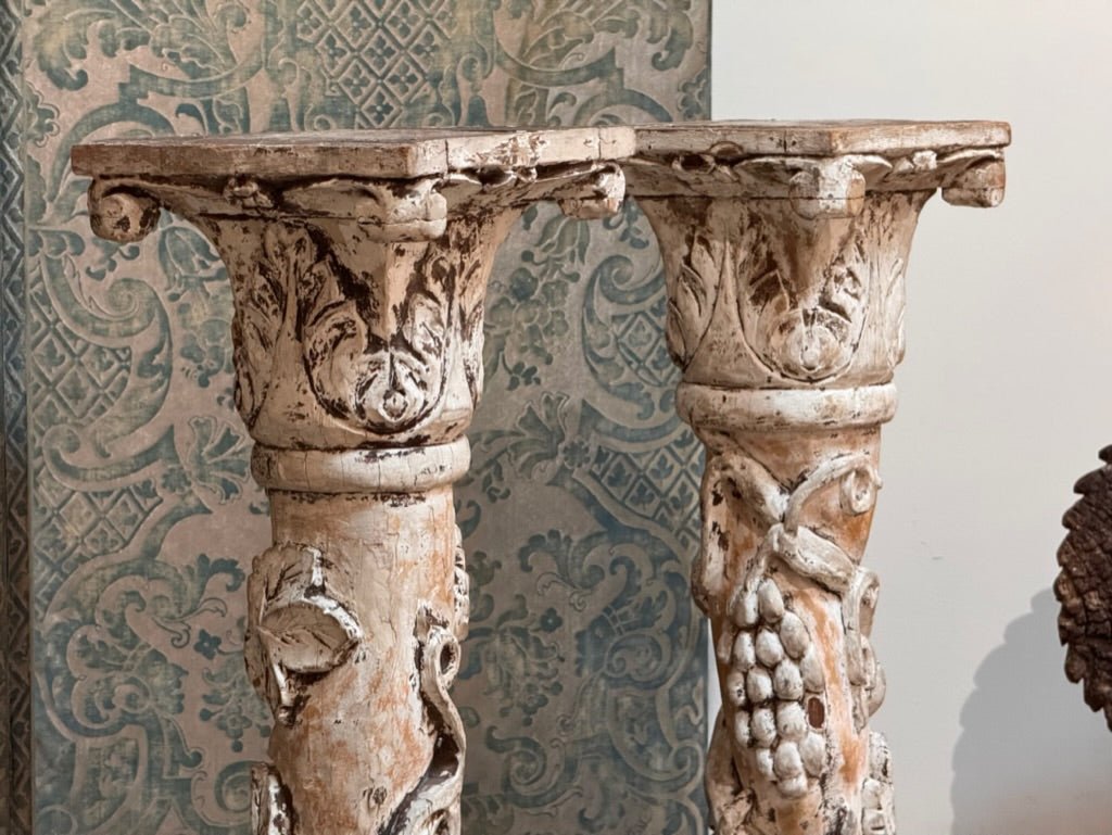 Pair of Italian Carved Creme Peinte Baroque Columns - Helen Storey Antiques