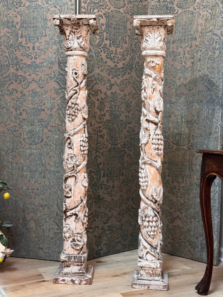 Pair of Italian Carved Creme Peinte Baroque Columns - Helen Storey Antiques