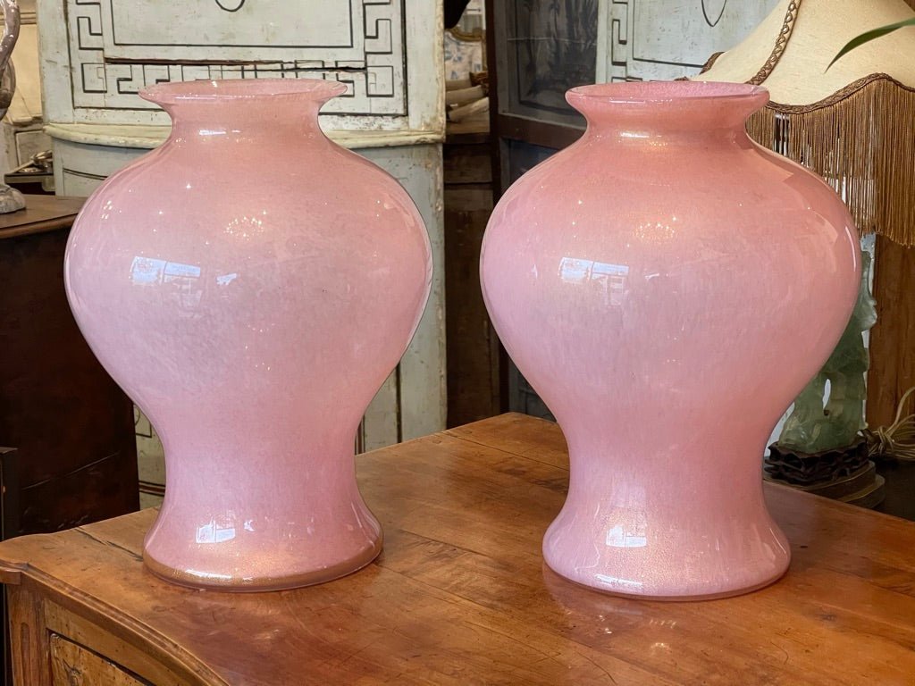 PAIR OF LARGE PINK MID - CENTURY BAROVIER &amp; TOSO VASES, MURANO ITALY - Helen Storey Antiques