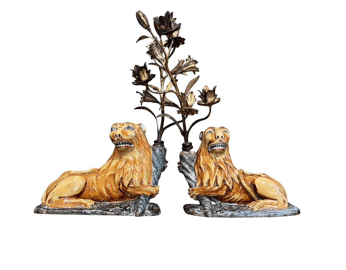 Pair of late 17th - early 18th Century Louis XIV faience reclining lions - Helen Storey Antiques