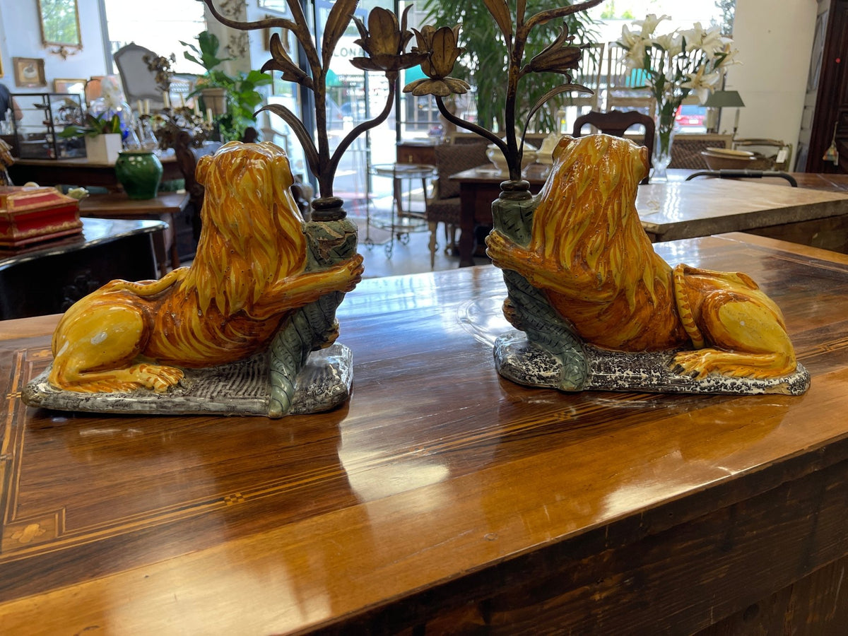 Pair of late 17th - early 18th Century Louis XIV faience reclining lions - Helen Storey Antiques