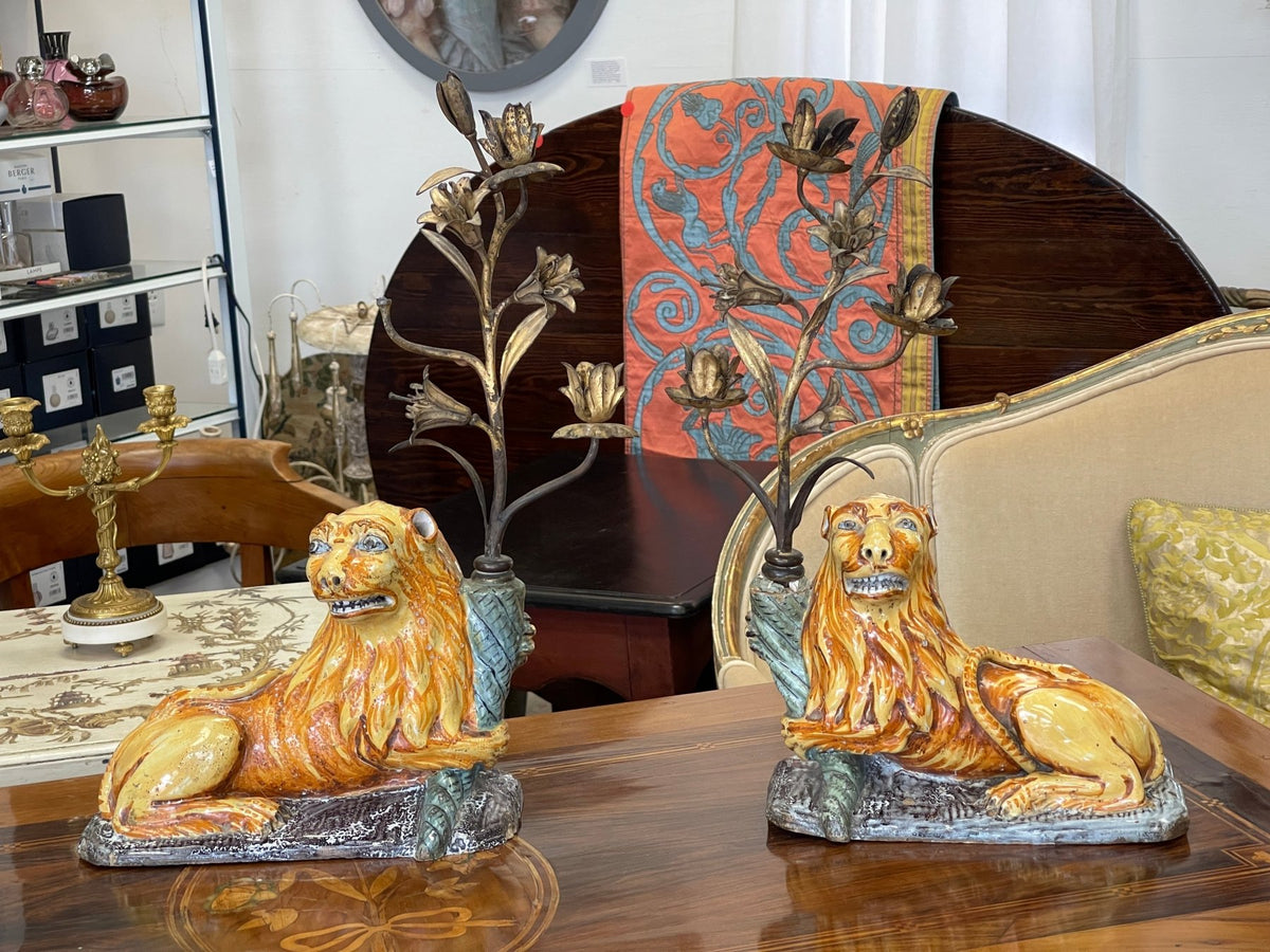 Pair of late 17th - early 18th Century Louis XIV faience reclining lions - Helen Storey Antiques