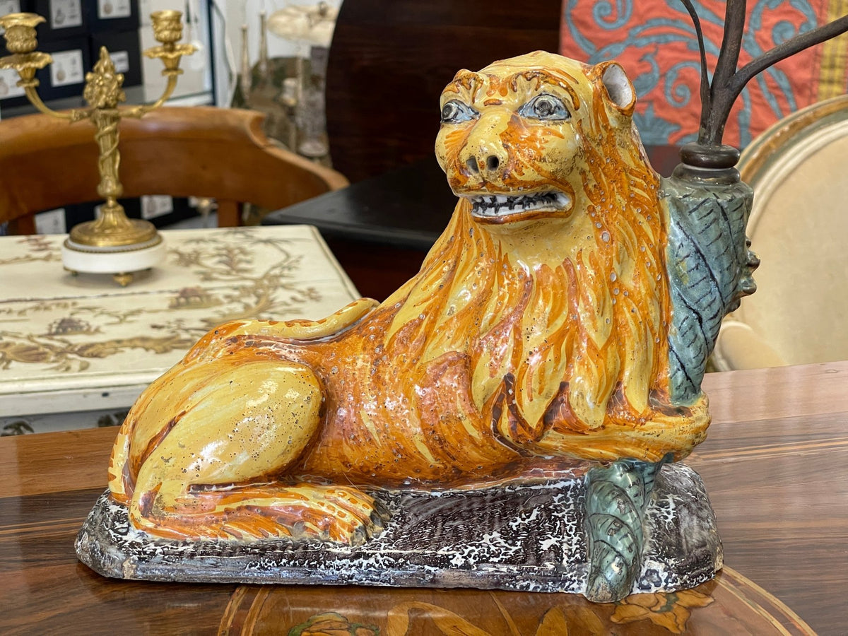 Pair of late 17th - early 18th Century Louis XIV faience reclining lions - Helen Storey Antiques