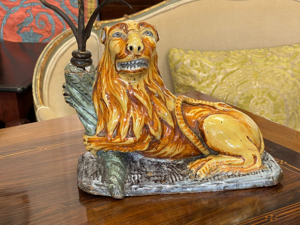 Pair of late 17th - early 18th Century Louis XIV faience reclining lions - Helen Storey Antiques