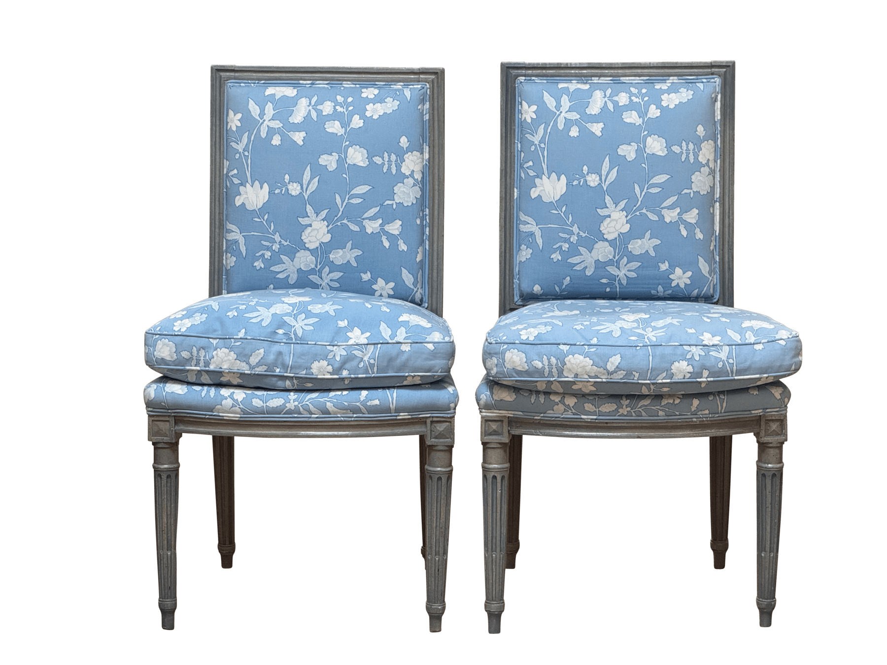 Pair of Louis XVI grey/blue painted side chairs chaises, late 18th Century