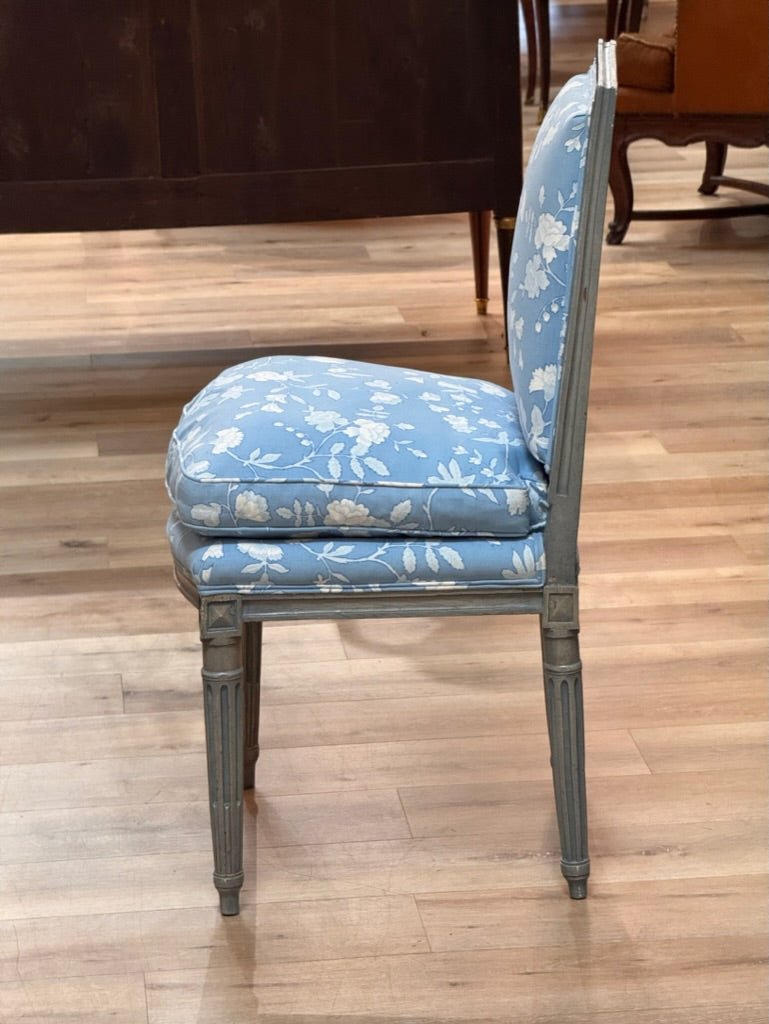 Pair of Louis XVI grey/blue painted side chairs chaises, late 18th Century - Helen Storey Antiques