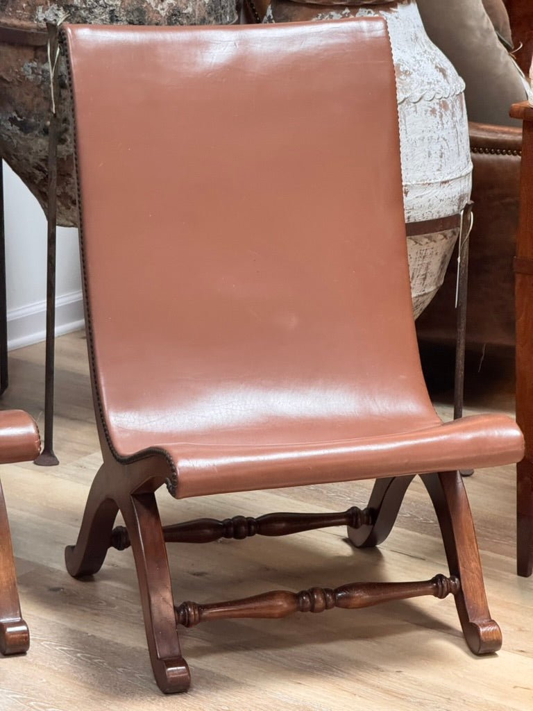 Pair of mid - century Spanish Leather and Walnut Low Lounge Savanarola Chairs - Helen Storey Antiques