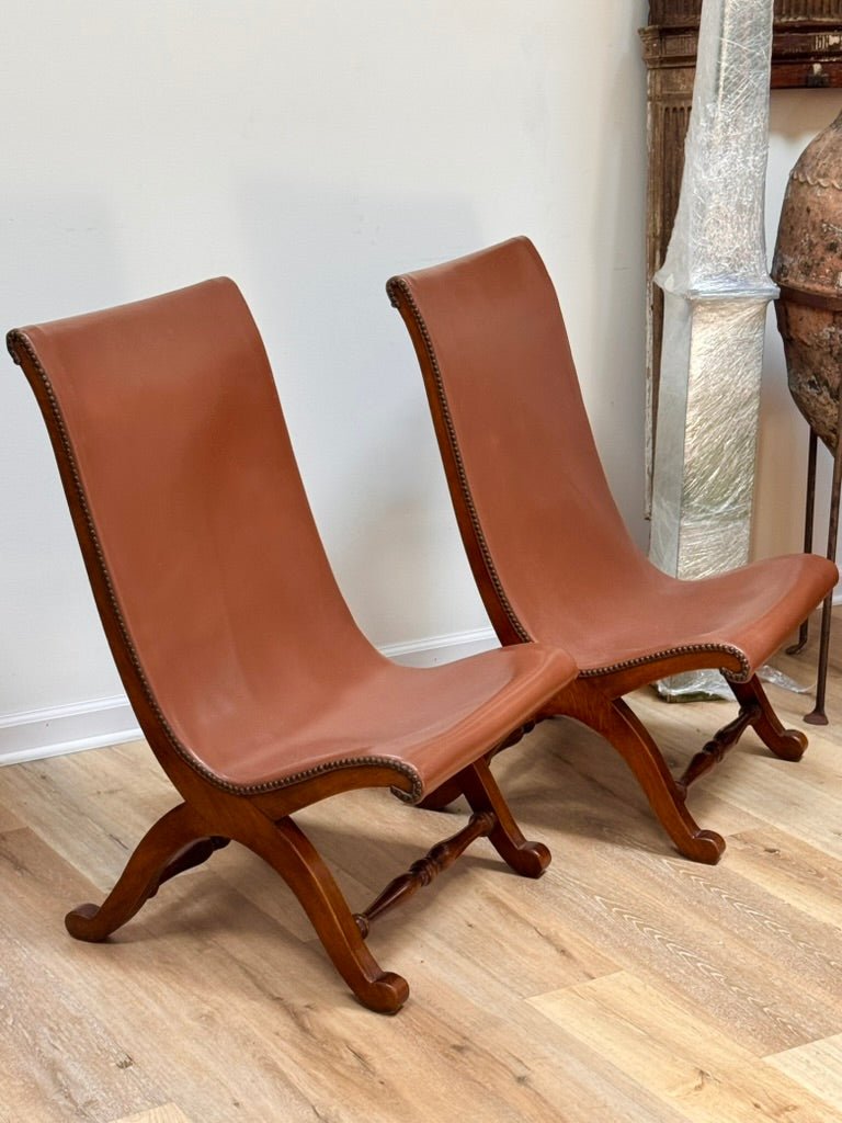 Pair of mid - century Spanish Leather and Walnut Low Lounge Savanarola Chairs - Helen Storey Antiques