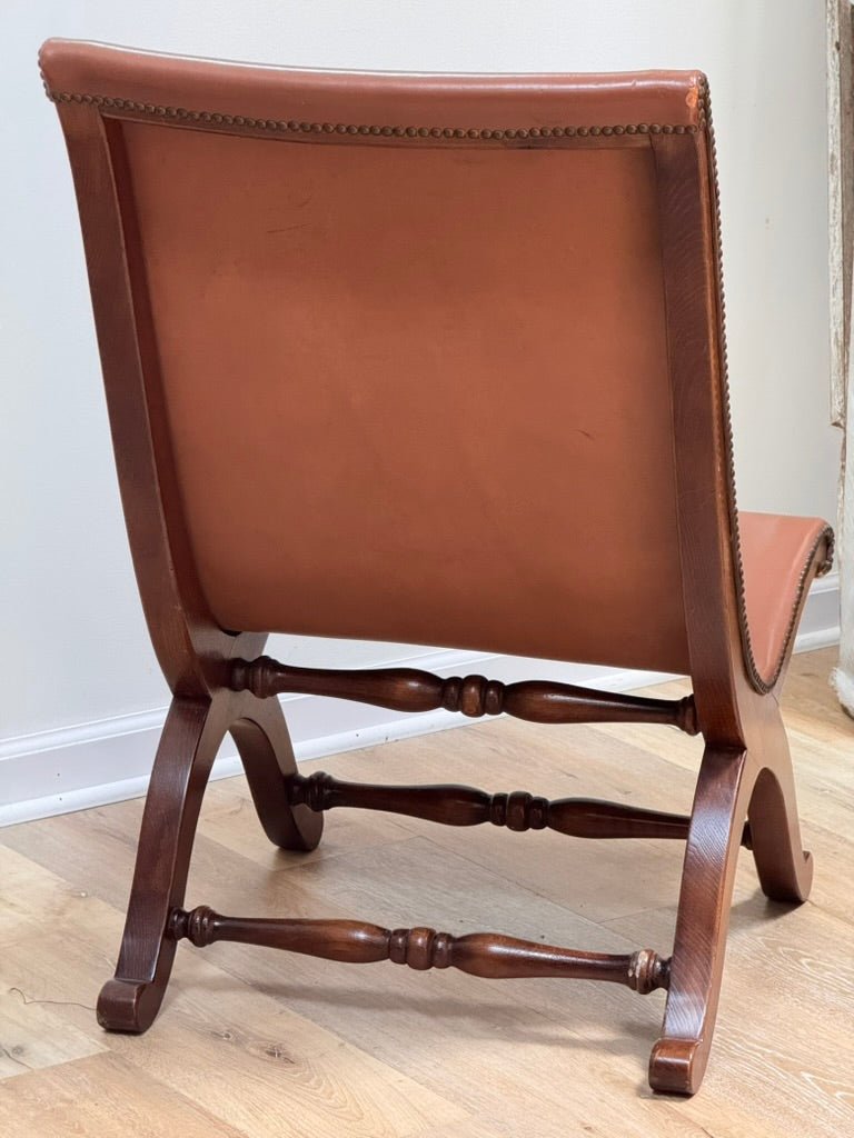 Pair of mid - century Spanish Leather and Walnut Low Lounge Savanarola Chairs - Helen Storey Antiques