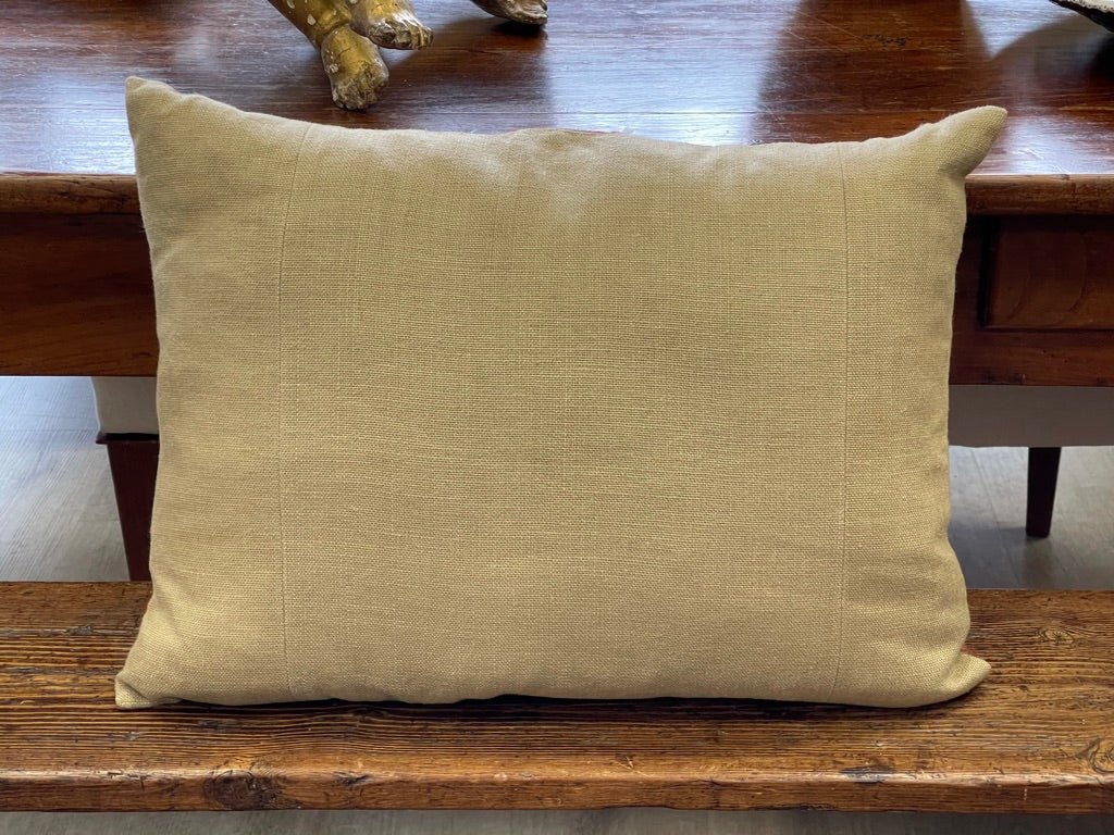 PAIR OF OLIVE GREEN &amp; CREAM COTTON FORTUNY PILLOWS - Helen Storey Antiques