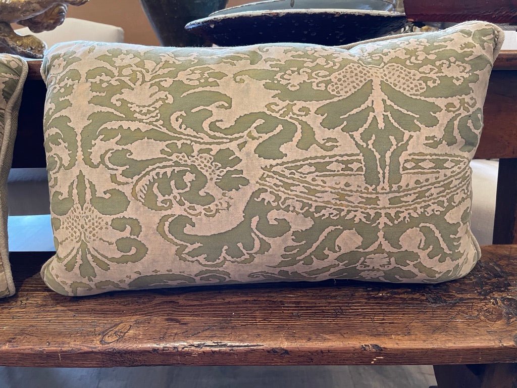 PAIR OF OLIVE GREEN &amp; CREAM COTTON FORTUNY PILLOWS - Helen Storey Antiques