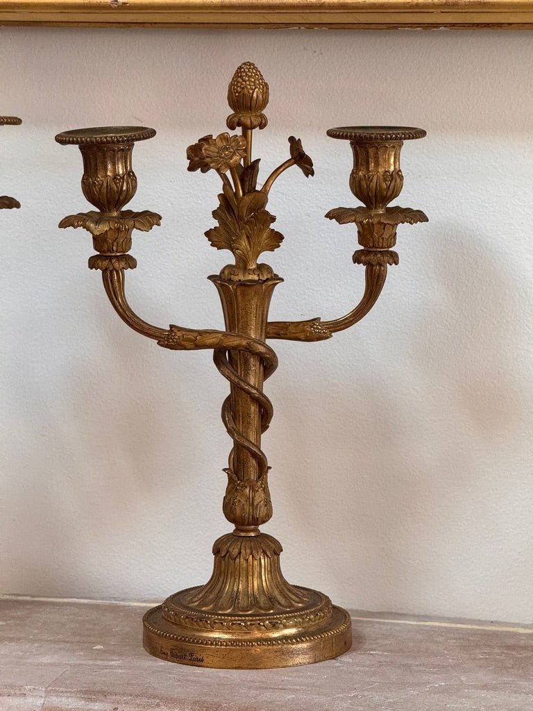 Pair of Rare Eugène Bazart Louis XVI Gilt Bronze Two-Light Candelabra - Helen Storey Antiques