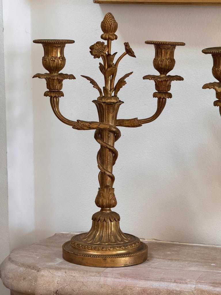 Pair of Rare Eugène Bazart Louis XVI Gilt Bronze Two-Light Candelabra - Helen Storey Antiques
