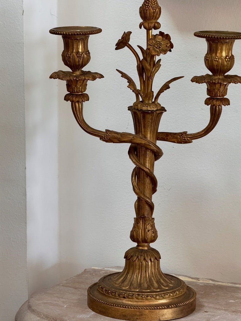 Pair of Rare Eugène Bazart Louis XVI Gilt Bronze Two-Light Candelabra - Helen Storey Antiques
