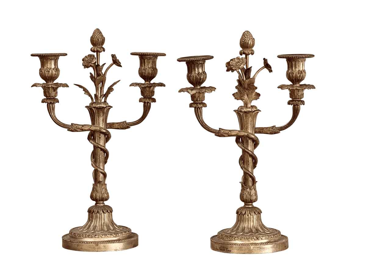 Pair of Rare Eugène Bazart Louis XVI Gilt Bronze Two-Light Candelabra - Helen Storey Antiques