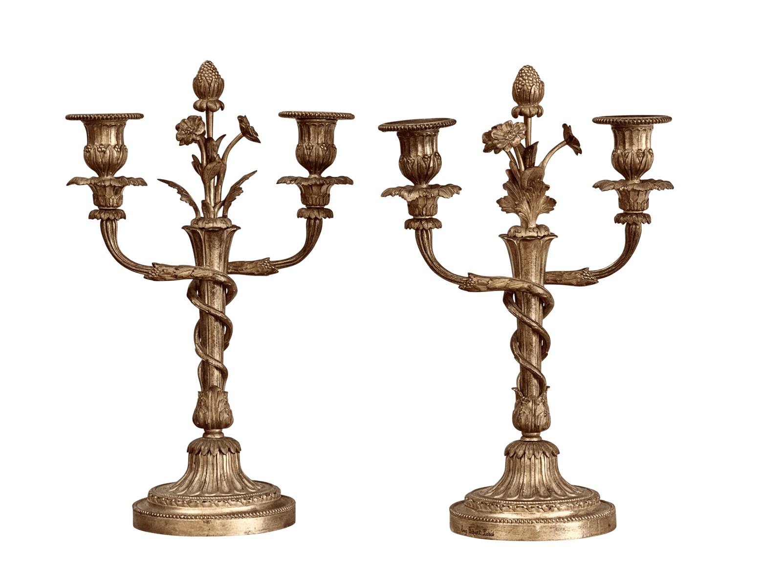 Pair of Rare Eugène Bazart Louis XVI Gilt Bronze Two-Light Candelabra