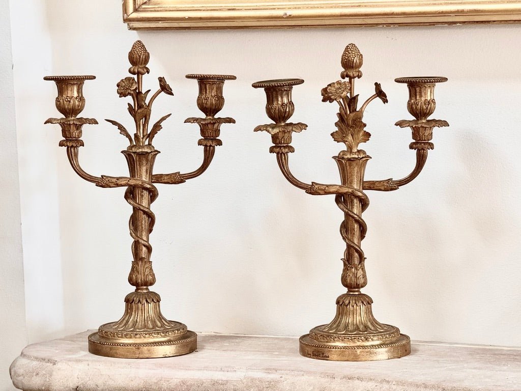 Pair of Rare Eugène Bazart Louis XVI Gilt Bronze Two-Light Candelabra - Helen Storey Antiques