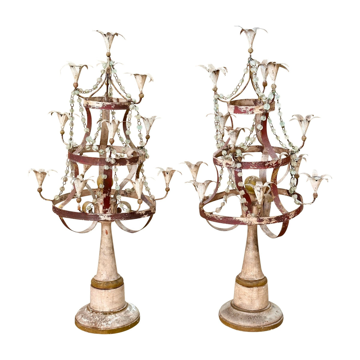 Pair of Swedish Cream Painted Tole Twelve - Light Candelabra - Helen Storey Antiques