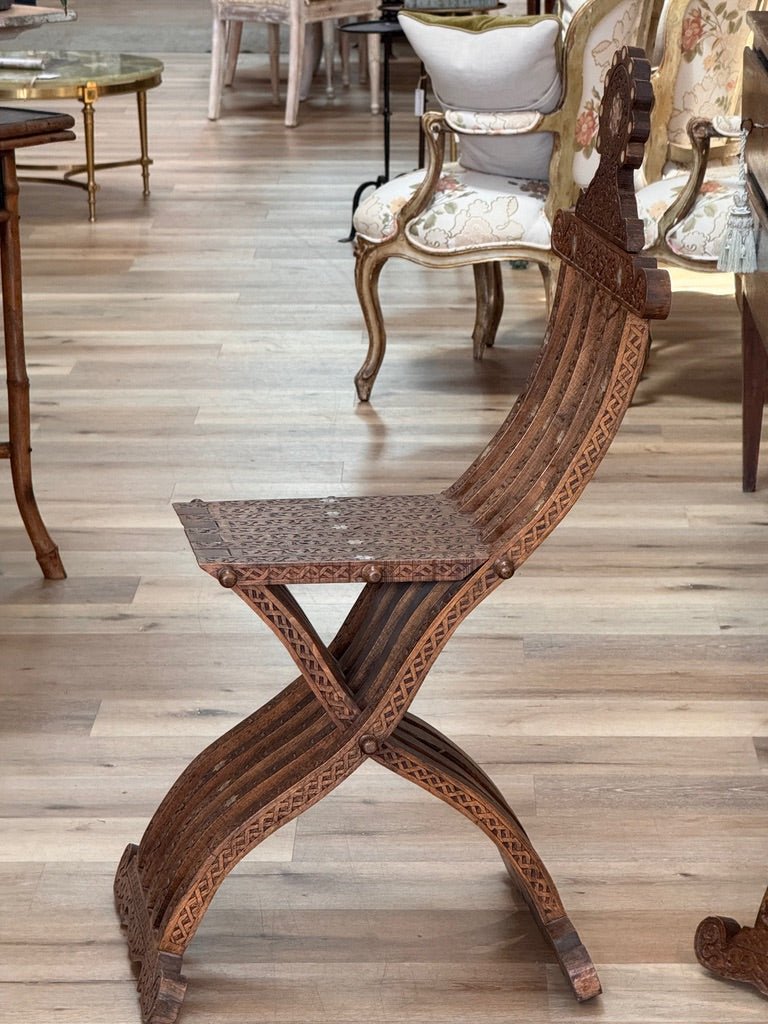 Pair of Syrian Damascas carved walnut folding chairs, c. 1900 - Helen Storey Antiques
