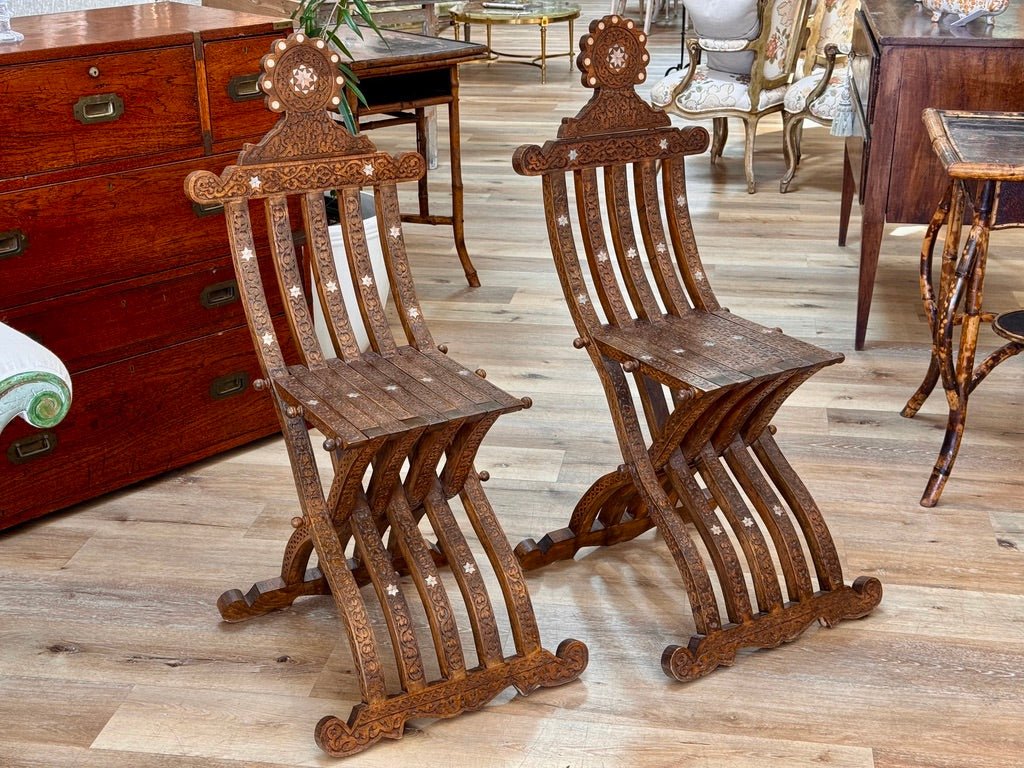 Pair of Syrian Damascas carved walnut folding chairs, c. 1900 - Helen Storey Antiques