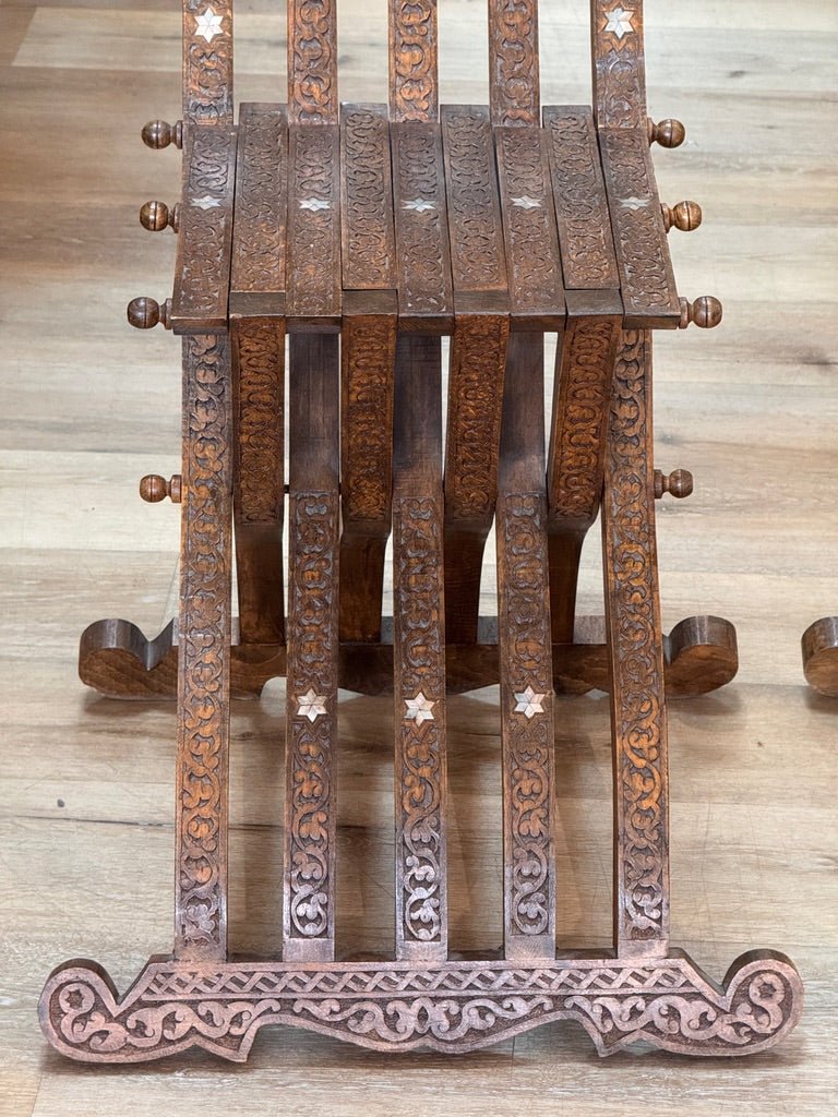 Pair of Syrian Damascas carved walnut folding chairs, c. 1900 - Helen Storey Antiques