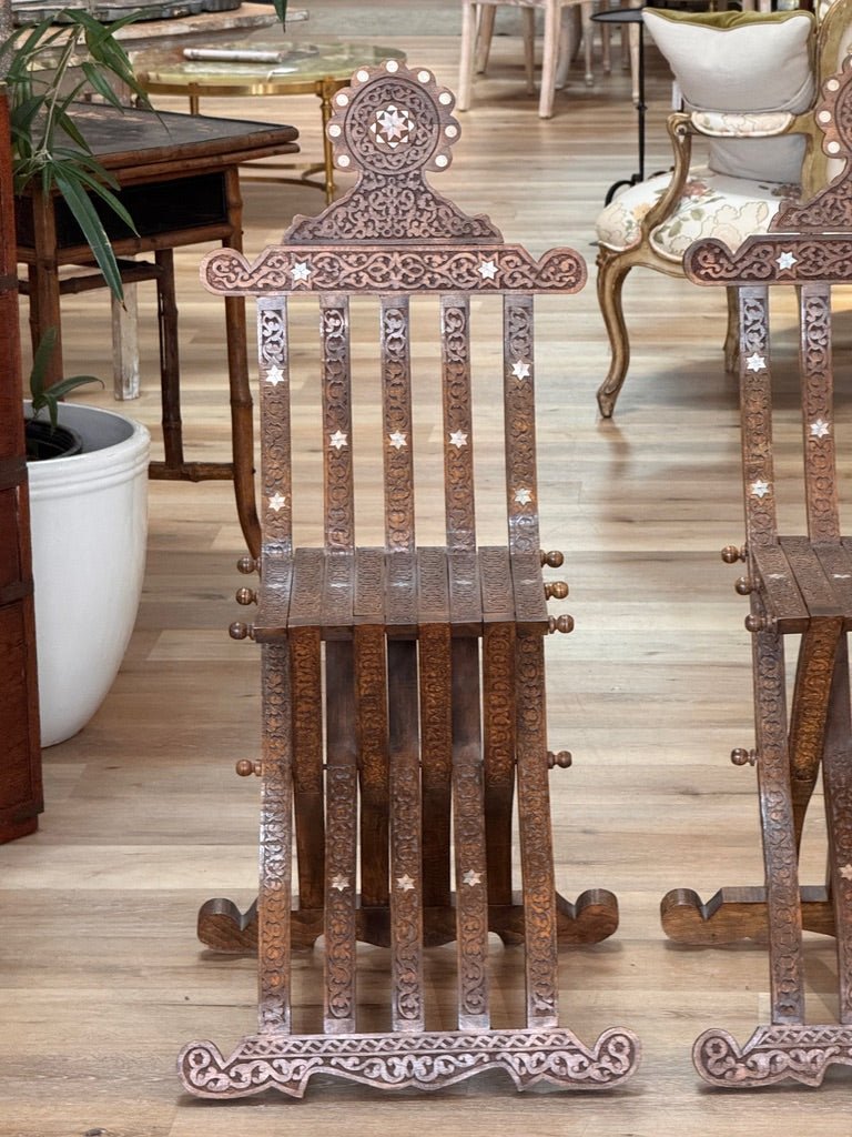 Pair of Syrian Damascas carved walnut folding chairs, c. 1900 - Helen Storey Antiques