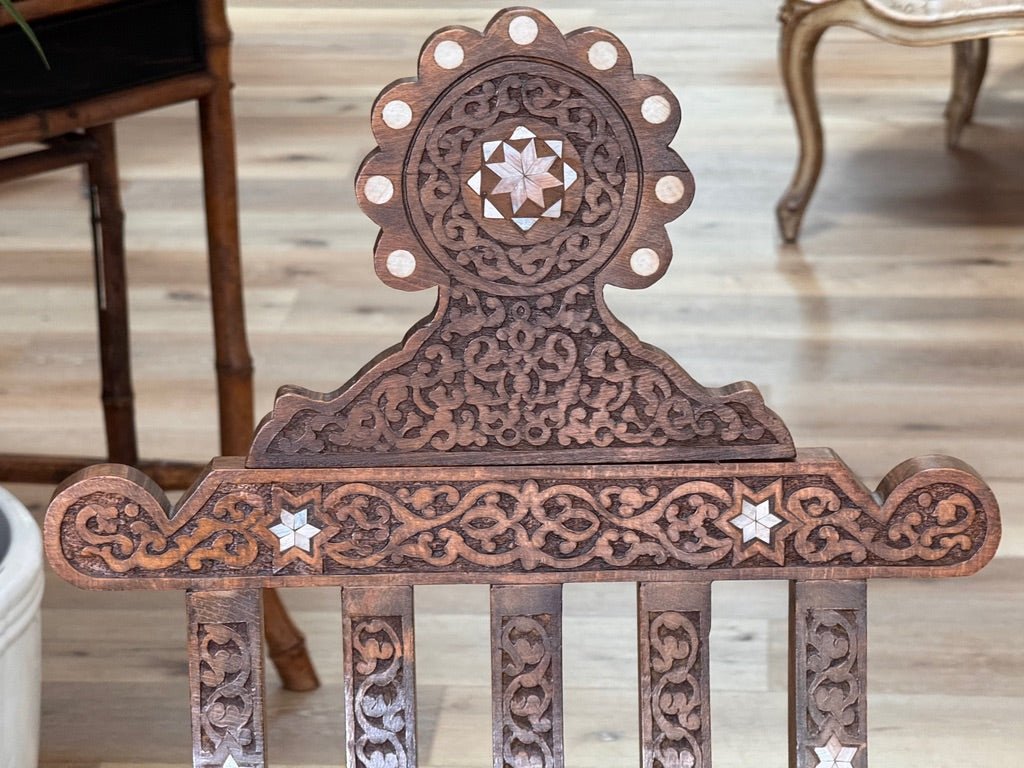 Pair of Syrian Damascas carved walnut folding chairs, c. 1900 - Helen Storey Antiques