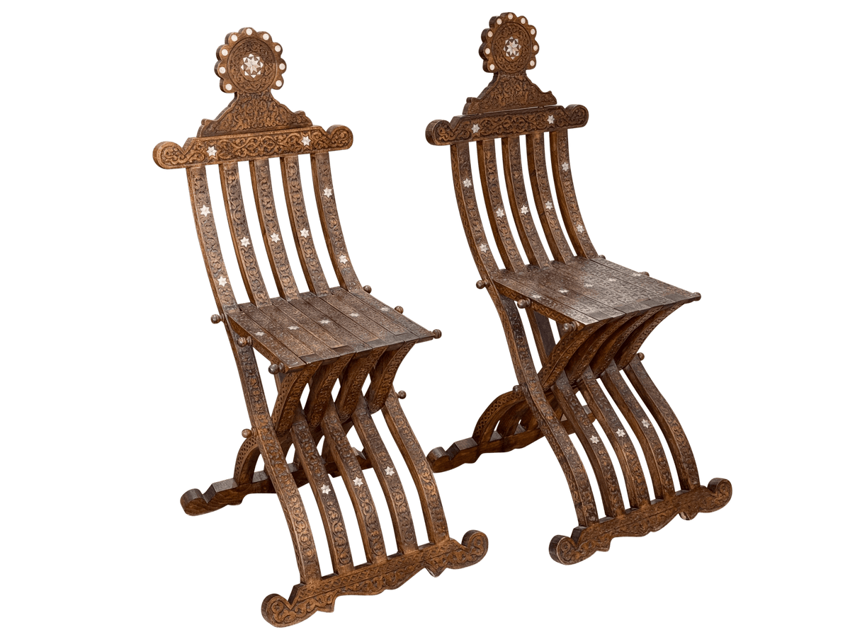 Pair of Syrian Damascas carved walnut folding chairs, c. 1900 - Helen Storey Antiques