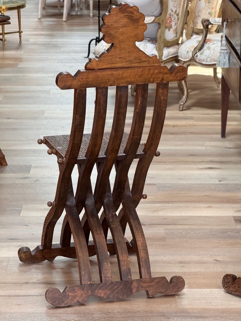 Pair of Syrian Damascas carved walnut folding chairs, c. 1900 - Helen Storey Antiques