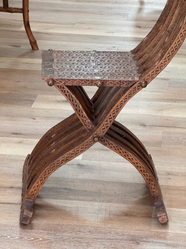 Pair of Syrian Damascas carved walnut folding chairs, c. 1900 - Helen Storey Antiques