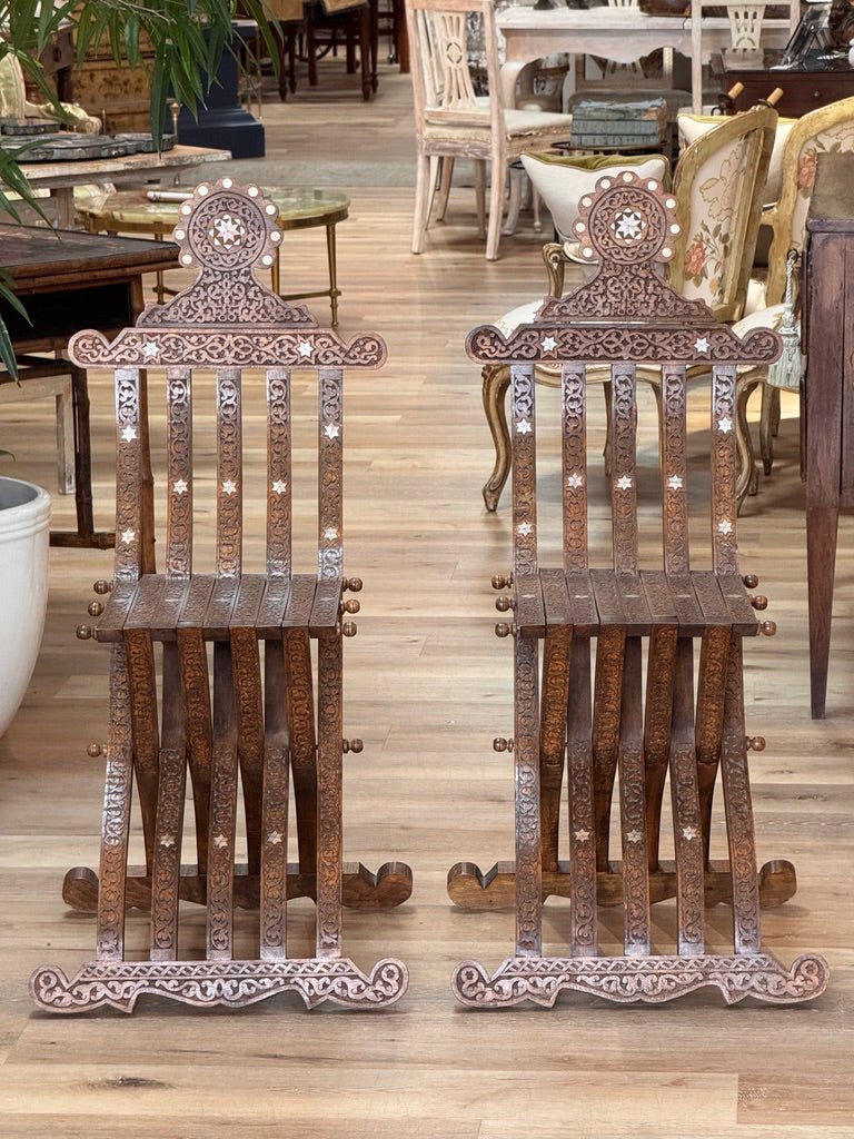 Pair of Syrian Damascas carved walnut folding chairs, c. 1900 - Helen Storey Antiques