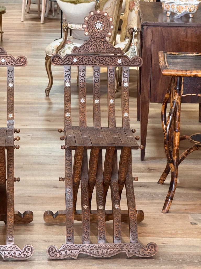 Pair of Syrian Damascas carved walnut folding chairs, c. 1900 - Helen Storey Antiques