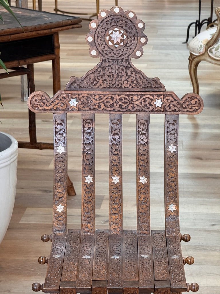 Pair of Syrian Damascas carved walnut folding chairs, c. 1900 - Helen Storey Antiques