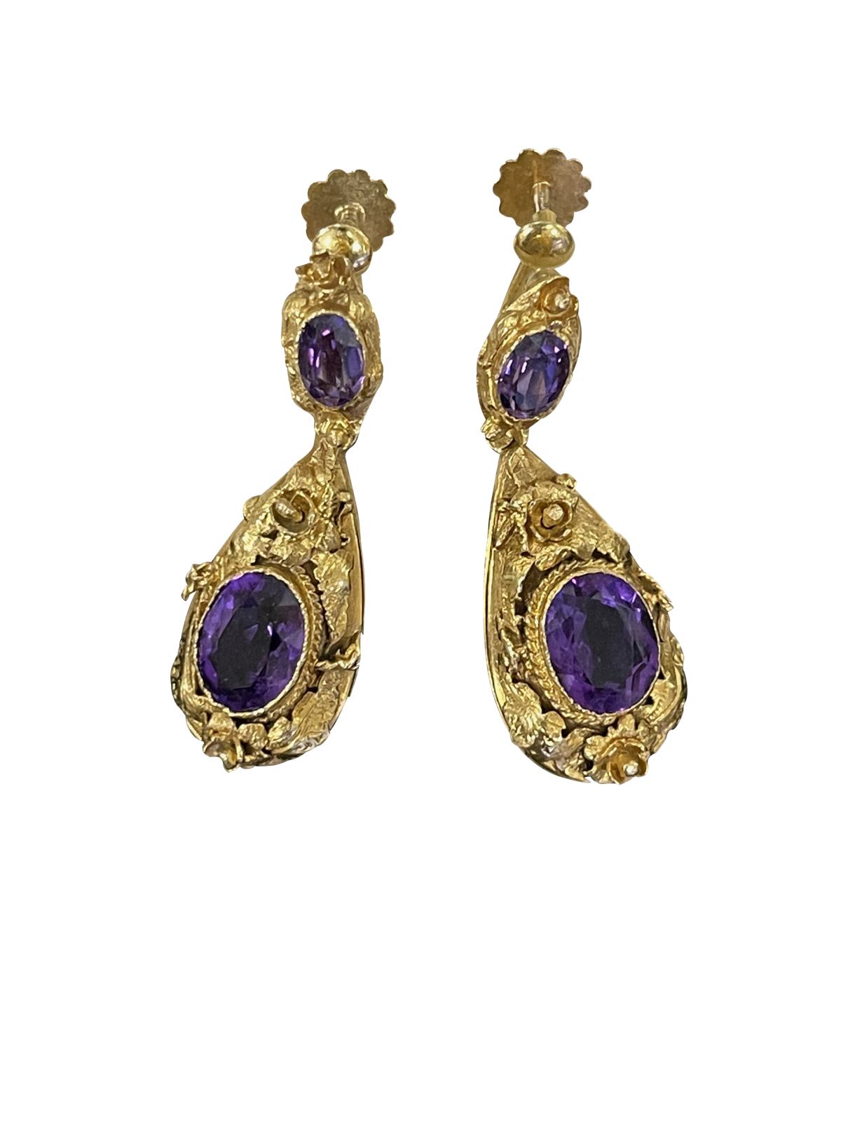 Pair of Victorian 15k Gold & Amethyst Earrings