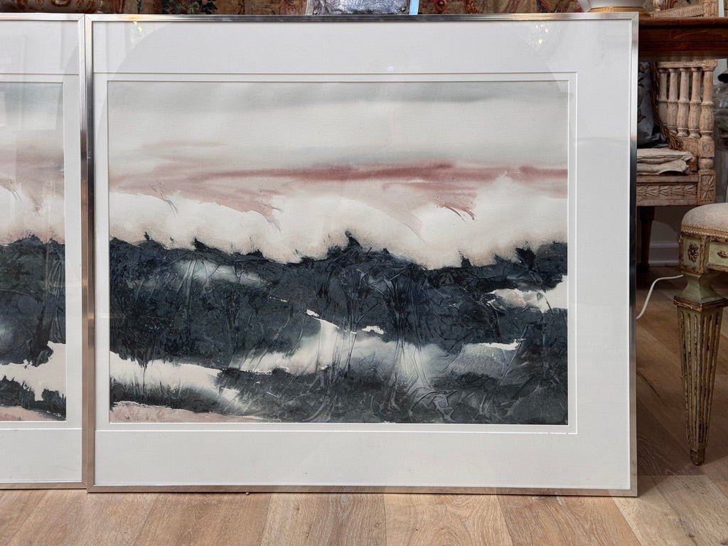 Pair of watercolors, Waves, framed, by Nancy Tuttle May, NC, 1985 - Helen Storey Antiques