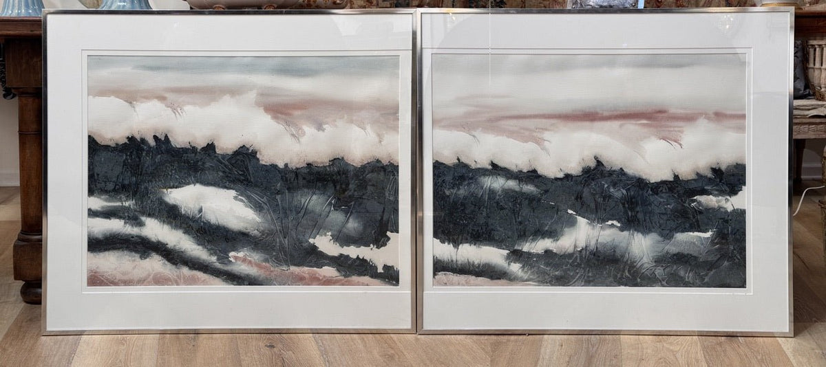 Pair of watercolors, Waves, framed, by Nancy Tuttle May, NC, 1985 - Helen Storey Antiques