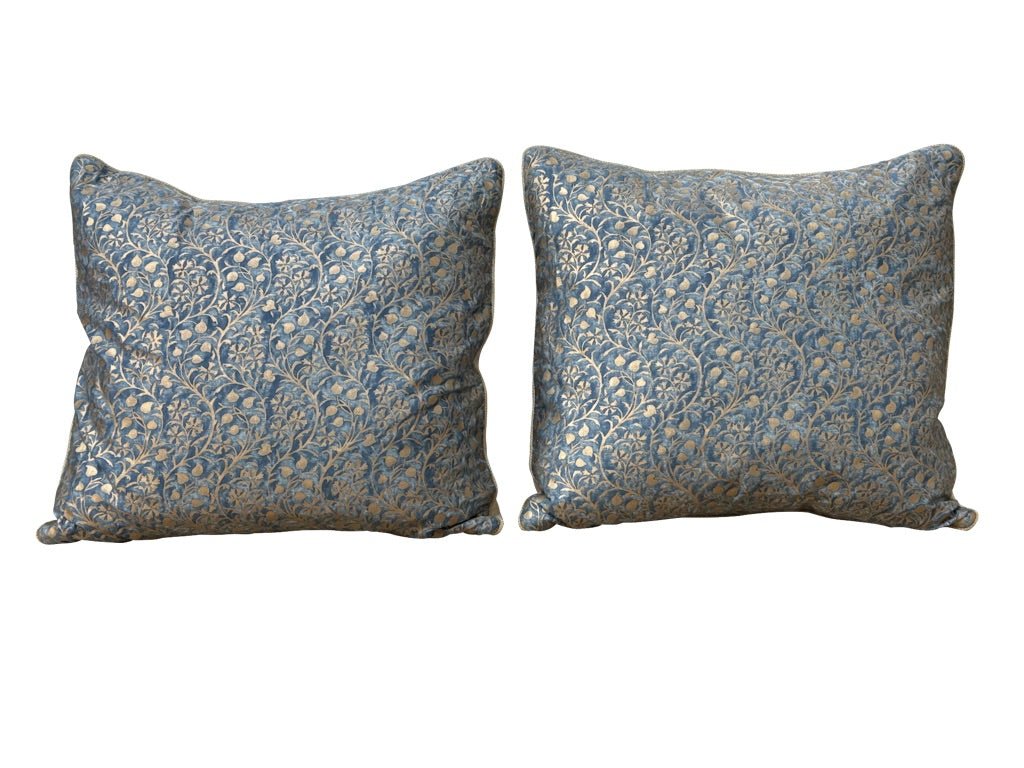 Pair Turquoise &amp; Gold Fortuny Hexagon - patterned Cushions - Helen Storey Antiques